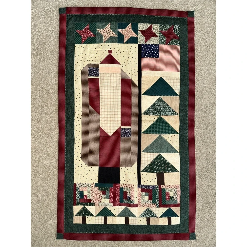 Handmade Patriotic Santa Christmas Quilt Wall Hanging Americana Country Farmhous